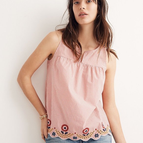 Madewell Tops - Madewell Embroidered‎ Gingham Tank Top in Red and White with V-Neck, Size Small